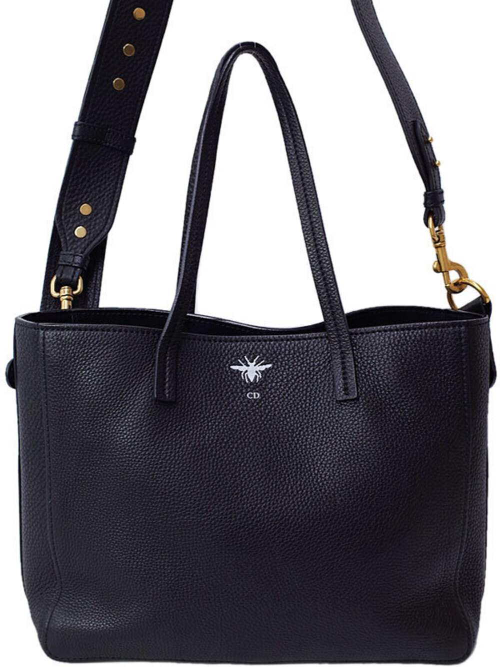 Christian Dior Black Leather D Bee Shopper Tote emblem grained